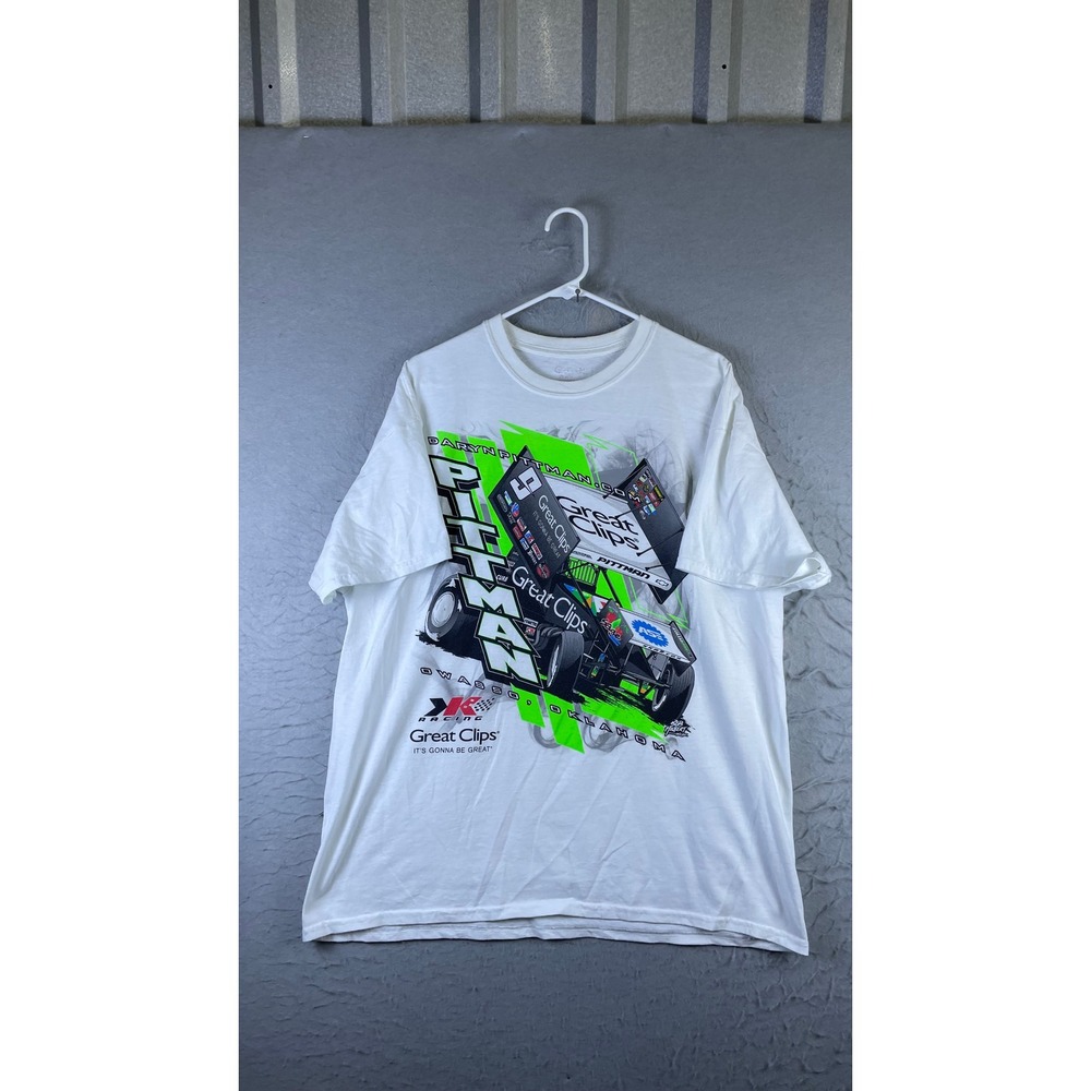 Gildan T-Shirt Mens XL White Excellent Daryn Pittman Great Clips Racing Graphic
